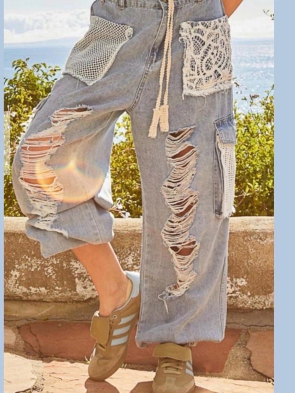 POL Distressed Crochet Pocket Denim Pants - Light Blue